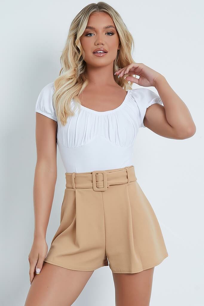 Stone Belted Tailored Shorts - 4 / BEIGE