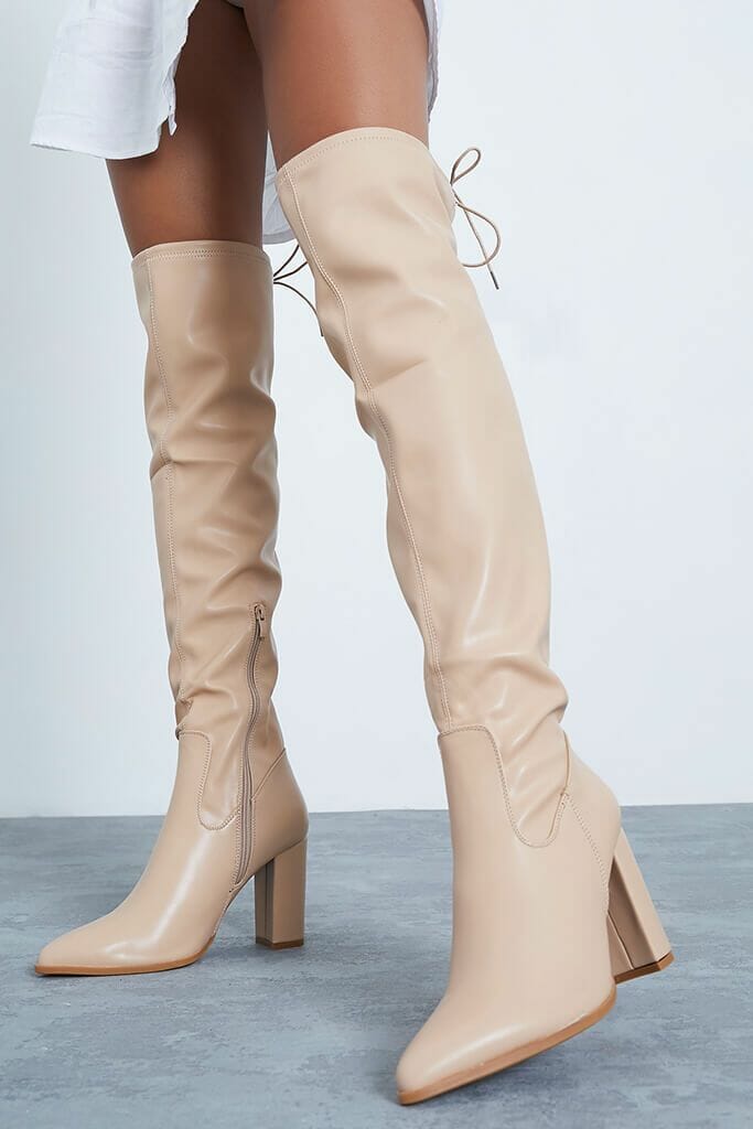 Stone Faux Leather Block Heel Thigh High Boots - 3 / BEIGE