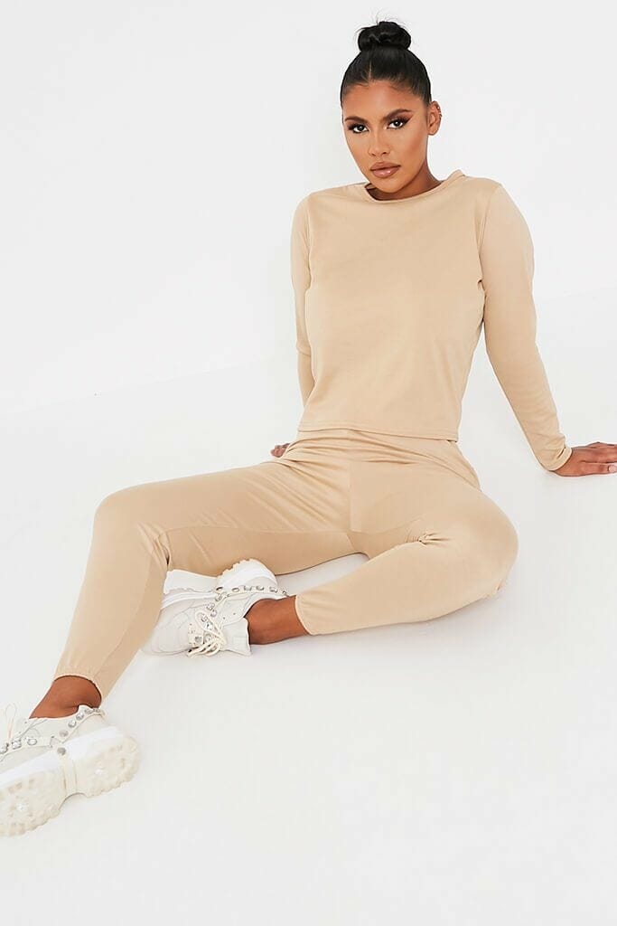 Stone Long Sleeve Top And Jogger Loungewear Set - S/M / BEIGE