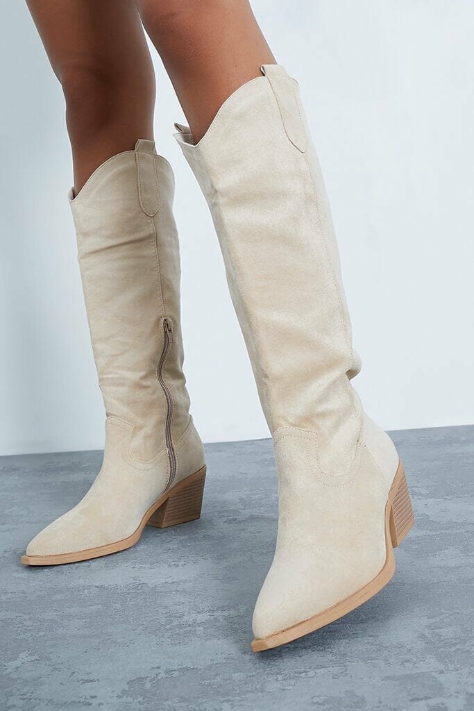 Stone Western Calf Height Boots Faux Suede - 4 / BEIGE