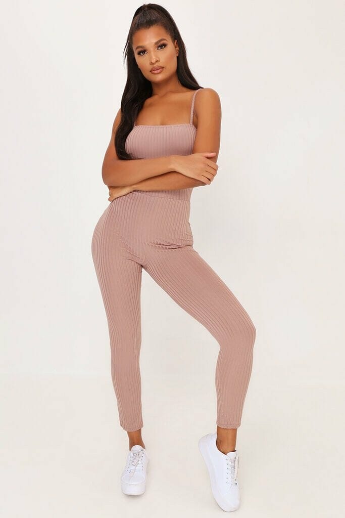 Taupe Cami Ribbed Skinny Leg Jumpsuit - 6 / BEIGE