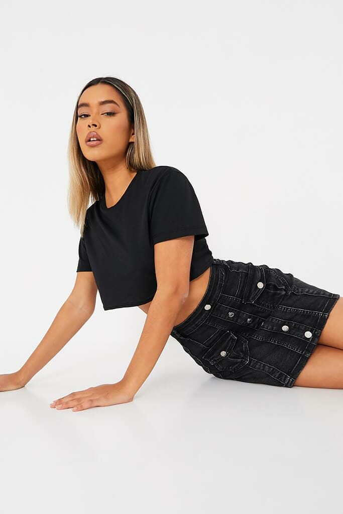 Washed Black Pocket Front Denim Mini Skirt - 4 / BLACK