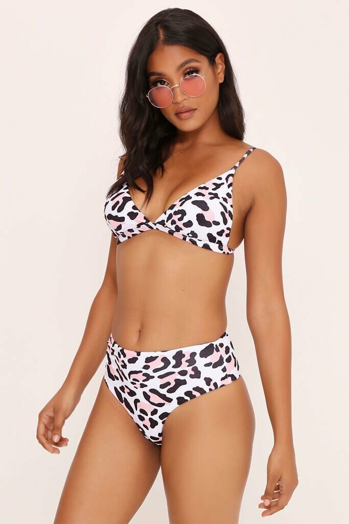 White And Pink Leopard Print High Waisted Bikini Set - XS / WHITE