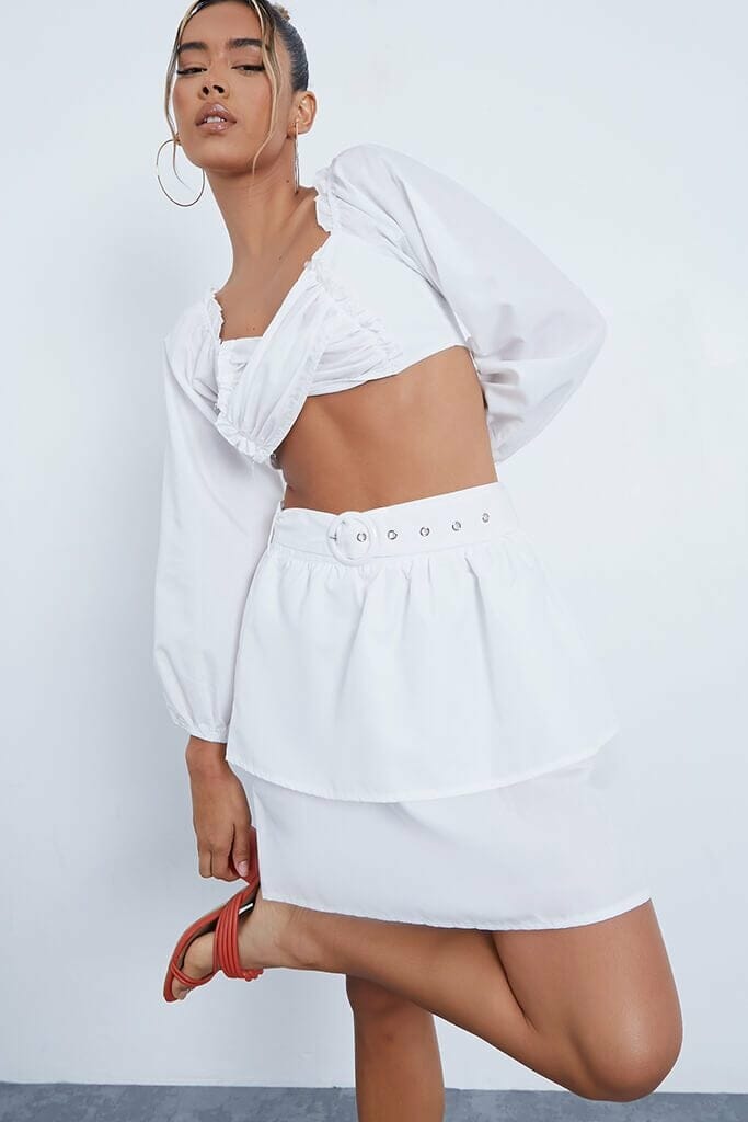 White Belted Tiered Mini Skirt - 4 / WHITE