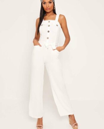 White Button Front Pocket Detail Jumpsuit - XS / WHITE