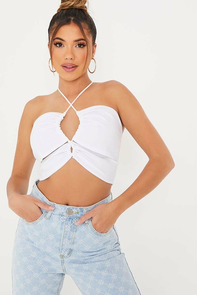 White Cut Out Cross Over Halterneck Crop Top - S / WHITE