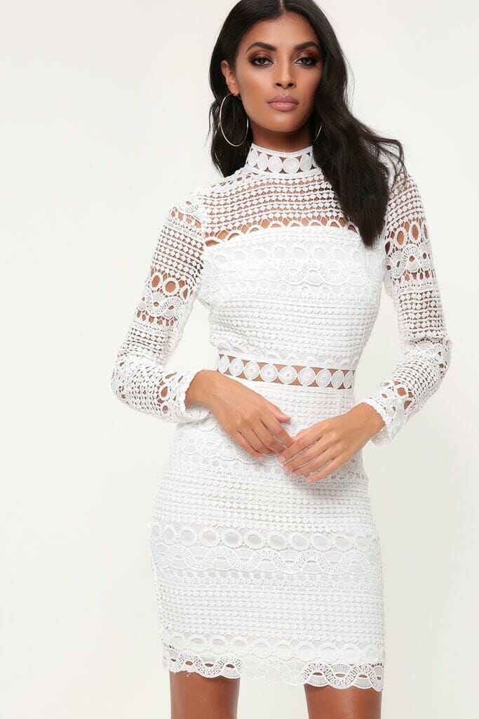 White High Neck Crochet Lace Dress - 6 / WHITE