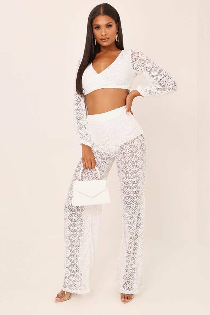 White Lace Crochet High Waisted Flared Trousers - 6 / WHITE