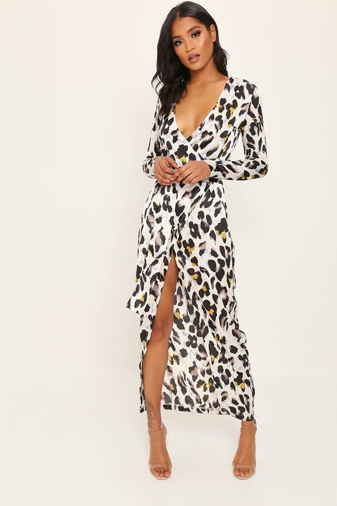 White Leopard Print Maxi Wrap Dress - 6 / WHITE
