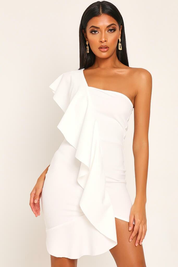 White Ruffle One Shoulder Mini Dress - 6 / WHITE