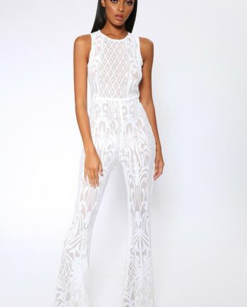 White Sequin Mesh Wide Leg Jumpsuit - 6 / WHITE