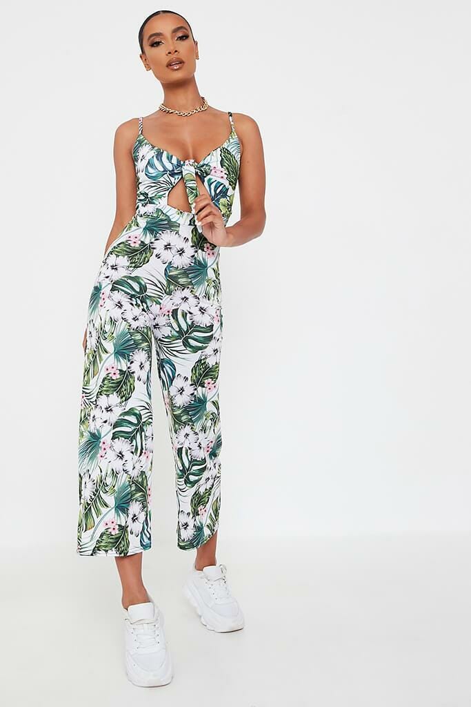 White Tropical Print Tie Front Strappy Jumpsuit - 4 / WHITE