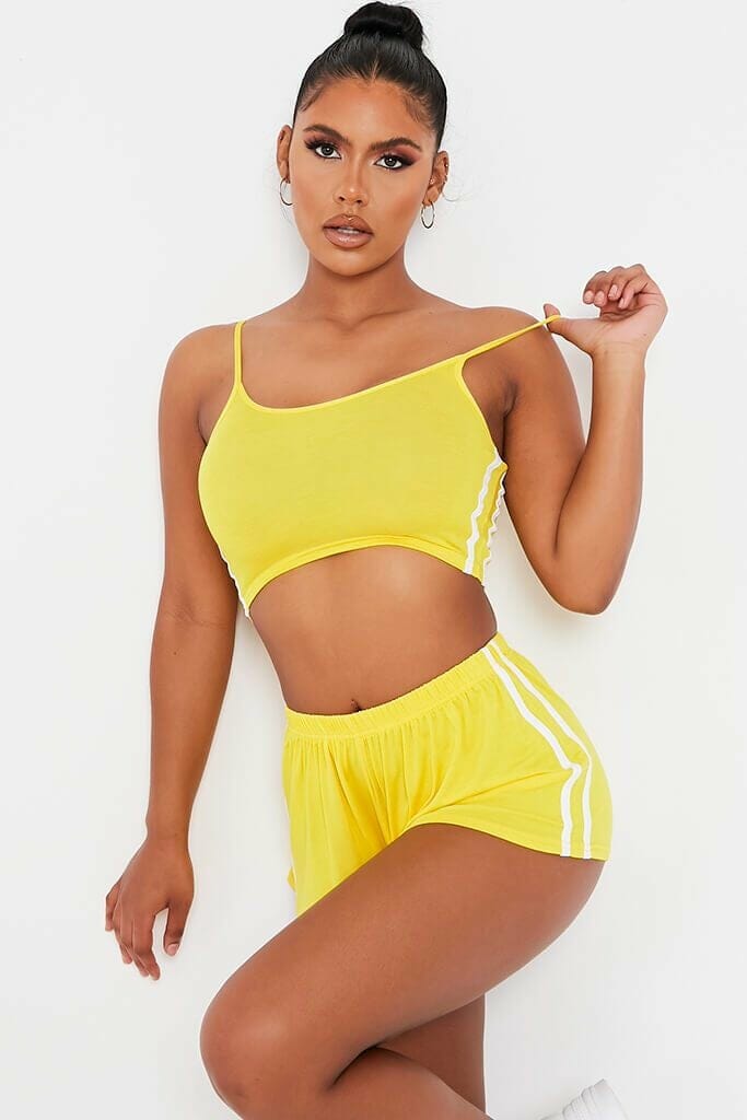 Yellow Side Stripe Cami And Runner Shorts Loungewear Set - 4 / YELLOW