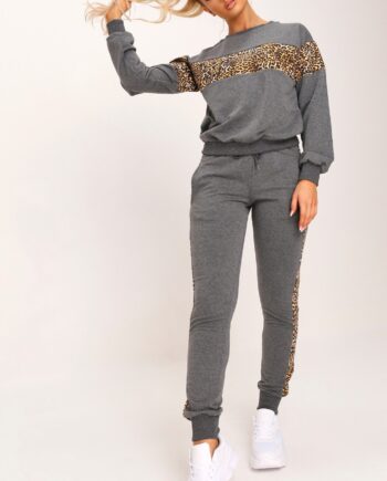 Charcoal Leopard Print Stripe Loungewear Set - 4 / GREY