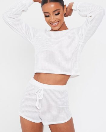 White Long Sleeve Top And Shorts Loungewear Set - 4 / WHITE