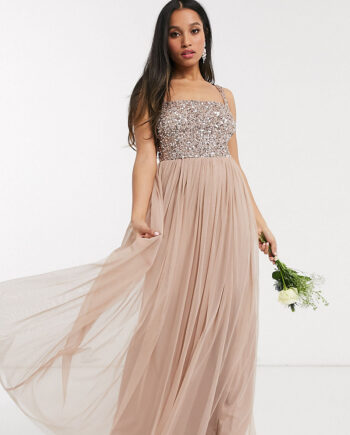Maya Petite Bridesmaid sleeveless square neck maxi tulle dress with tonal delicate sequin in taupe blush-Brown