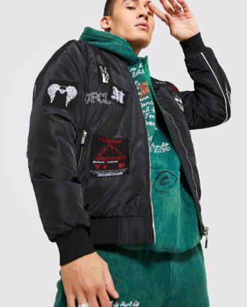 Mens Black Reversible Printed Nylon Bomber Jacket, Black