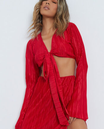 Red Plisse Tie Front Long Sleeve Crop Top - 4 / RED